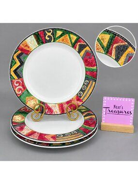Vintage Furio MESA Multicolor Geometric Indonesia Stoneware Dinner Plates Set 3